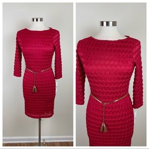 Sharagano Solid Red Chevron Long Sleeve Dress With Belt New Women Size 4